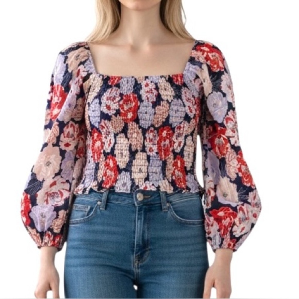 Sienna Sky Smocked Long Sleeved Floral Top Square neck Balloon sleeves XL NWT